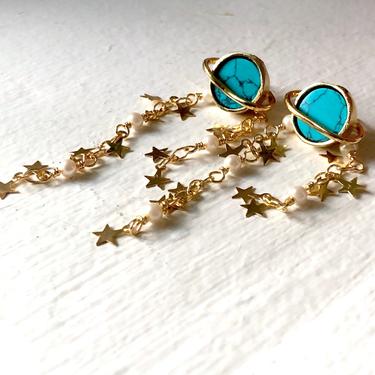 Turquoise Saturn Studs with Star and Pearl Chain Ear Jacket Dangles Two Part Earrings Gold Saturn Space Earrings 