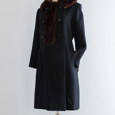 Vintage 1960s Coat - Elegant 1960s Black Wool Ladies Coat With Mink Collar and Trim  // Large by xtabayvintage