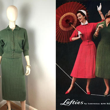 High Fashion Fancies - Vintage 1950s Sage Laurel Green Wool Knitted Top Skirt Set 