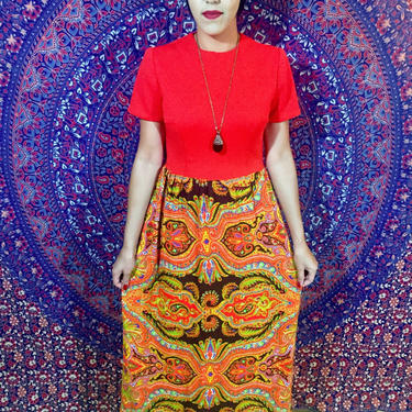 Vintage 60s Red Psychedelic Mod Paisley Empire Waist Flowy Maxi Dress M 