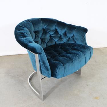 Mid-Century Modern John Stuart Tufted Crushed Velvet Steel Base Lounge Chair 