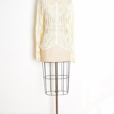 vintage 90s pierre cardin sweater cream crochet sheer cardigan jumper top M medium clothing 