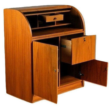 Smaller Danish Modern Teak Writing Desk from Denmark With Tambour (Roll Top) Cover, SCAN Mid Century MCM 