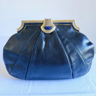 Vintage Judith Leiber Large Navy Blue Snakeskin Leather Purse Clutch Shoulder Bag Handbag Gold Metal Frame Blue Stone Clasp 