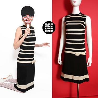 Mod Vintage 60s Black &amp; Off-White Stripe Sleeveless Shift Dress 
