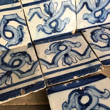 French Indigo Tile Frieze, Pottery, Blue White Terra Cotta, French Farmhouse Cuisine, Set of 7 