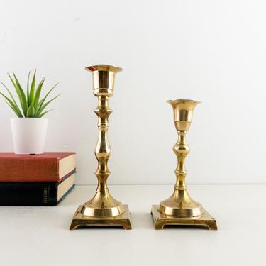 Pair of Brass Candlesticks, Collected Set of 2 Polished Brass Candlestick Holders, Gold Candle Holders for Tapers 