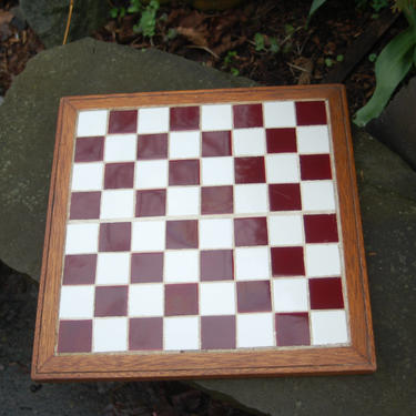 Hand Crafted, Framed, Folk Art, Inlaid Tile, Signed, Dated, Primitive, Chess Board ~ 1954 Signed and Dated Brown &amp; White Tile Chest Board 