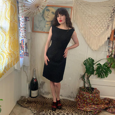 60's BLACK WIGGLE DRESS - ribbon knit - hourglass - medium 