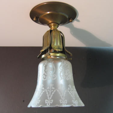 1078 Vintage Brass Ceiling Shade Holder w/Vintage Etched Glass Shade Rewired Restored 