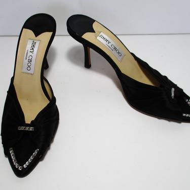 Vintage 90s Jimmy Choo Evening Shoes 36 1/2  5 1/2-6 US black peau de soie crystals mules 