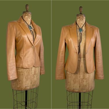 NORTH BEACH LEATHER Michael Hoban Vintage 90s Leather Blazer | 1990s Minimalist Tan Crop Designer Jacket | Y2K 2000s | Size 8 Small / Medium 