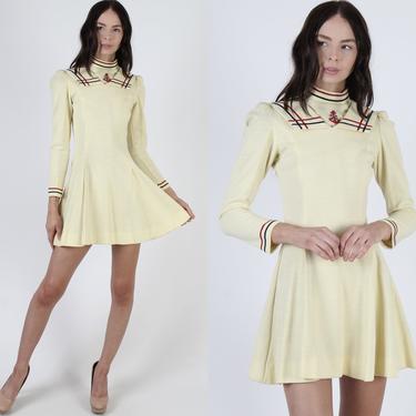 Vintage 60s Mod Scooter Dress / Sweater-Like 1960s Tennis Outfit / Preppy Majorette Marching Band / Nautical Ivory Micro Mini Dress 