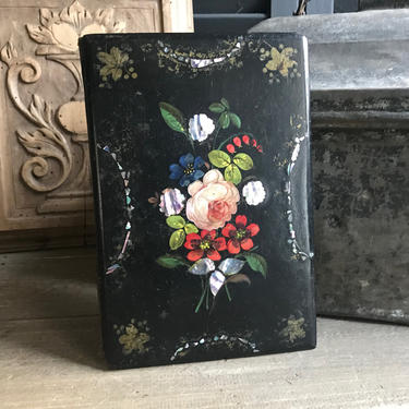 19th Papier Mâché Desk Blotter Set, Book Cover, Handpainted Floral Toleware, Mother of Pearl Inlay, Summer Bouquet, Dated 