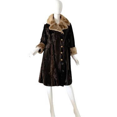 70s Faux Fur Coat / Vintage Tapestry Velvet Coat / 1970s Mod Shaggy Winter Jacket XL 