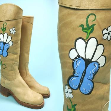 1970s tall leather boots. Deadstock. Painted in the 70s by the boot maker! One of a kind. Rare. Butterfly boots. (size 7.5) 