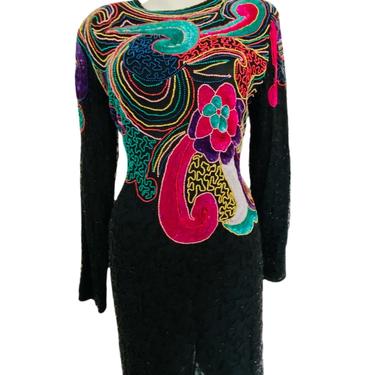 80’s vintage SEQUIN Dress vintage rainbow sequin bead dress, sequence cocktail dress, abstract Art Deco paisley dress new w/ tags large l 12 