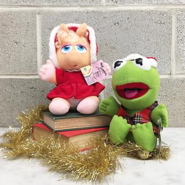 Vintage Plush Dolls Retro 1980s Jim Hensons + Muppets + Baby Miss Piggy + Baby Kermit the Frog + Holiday + Christmas + Stuffed Animals 