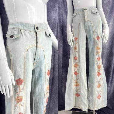 70s hand painted saddle stitch high waist bell bottoms jeans 34  / vintage 1970s light denim seamed flares pants L 