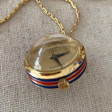 Vintage GUCCI GG Monogram Gold Red Blue Enamel Watch Pendant Necklace Jewelry Chain 