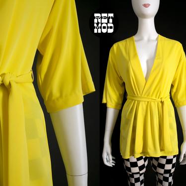 Happy Vintage 60s 70s Bright Yellow Nylon Mini Robe Kimono Cover-Up 