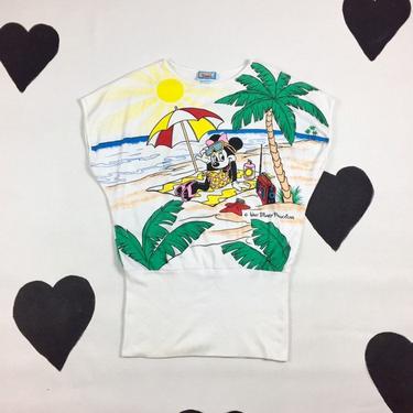 1980's Minnie Mouse at the beach shirt 80's Walt Disney bright front back tropical summer vacation t-shirt top / Sunday Comics / cartoon / S 