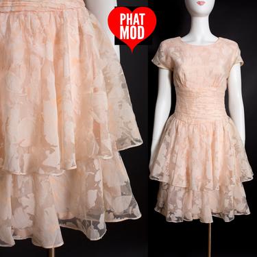 Lovely Vintage 80s Pastel Peach Ruffle Party Dress 