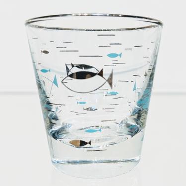 Mid Century Modern Atomic Style Blue &amp; Silver Fish Water Glasses by Libbey Glass - Set of 6 