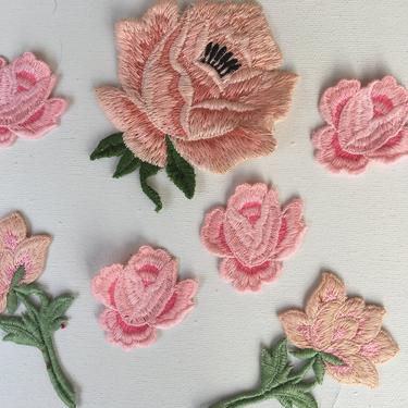 Vintage Pink Rose Applique Set Of 7, Pink Flower Appliques, Retro Rose, Sewing Embellishments, Patches 