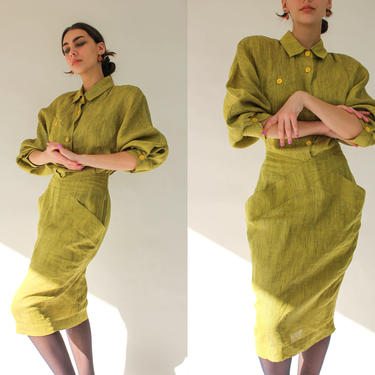 Vintage 80s Byblos Bright Yellow Distressed Linen Dress w/ Large Pockets | Made in Italy | Avant Garde, Drop Waist | 1980s Designer Dress 