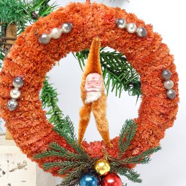 Antique Santa on Sisal Wreath Christmas Ornament with Mercury Glass Balls, Dried Leaves, Vintage  Retro Decor 