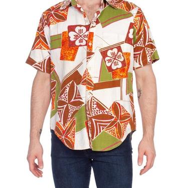 1960S Lime Green &amp; Orange Cotton Barkcloth Men's Tropical Tiki Hawaiian Shirt 