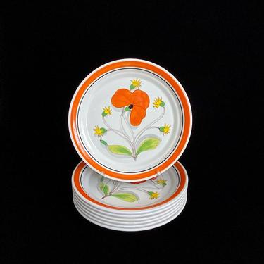 Vintage 1960s Mid Century Modern Hand Painted Italian Pottery 10.25&quot; Dinner Plates with Floral Theme MANCIOLI K.1 71/19 Italy Ceramic 