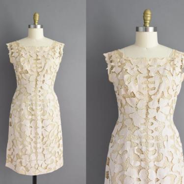 vintage 1950s dress | Gorgeous Irish Linen Floral Cut Out Cocktail Party Dress | Medium | 50s vintage dress 