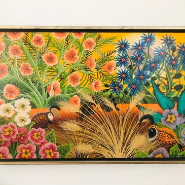Colorful Vintage Folk Art Painting of Flowers and Quails by Megan Dana 