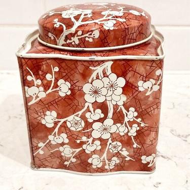 Vintage Cherry Blossoms Floral Burgundy / Red Tin Designed by Daher Made in England by LeChalet