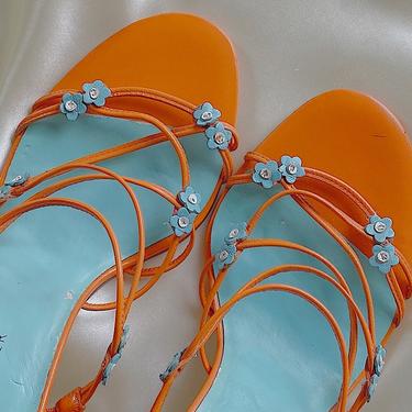 Strappy Orange Leather Flower Heels