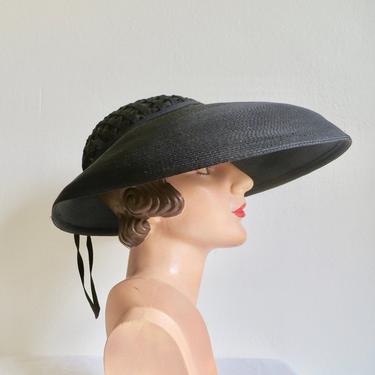 Vintage 1940's 50's Black Fine Straw Wide Brim Hat with Lattice Crown Rockabilly Spring Garden Bridal Wedding Party 40's 50's Millinery 