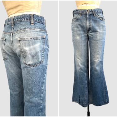WELL WORN 70s Vintage Flared Orange Tab Levis SF 207 Jeans | 1970s Distressed Denim Flare Leg Pants | Boho Hippie Rocker | Mens Waist 32&quot; 