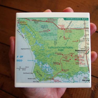 1998 Everglades National Park Map Coaster - Ceramic Tile - Repurposed 1990s National Geographic Atlas - Handmade - South Florida - Homestead 