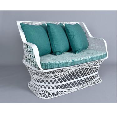 Restored Russell Woodard Spun Fiberglass Outdoor Loveseat Sofa with Custom Reversible Cushions 