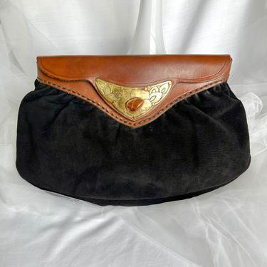 Leather Clutch, Brass Trim, Natural Stone Embellished, Suede Purse, Vintage 70s 