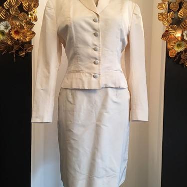 I980s designer suit, vintage 80s suit, Ralph Lauren suit, ivory taffeta suit, skirt and jacket, size medium, mother of the bride 