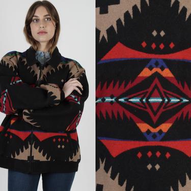 Southwestern Pendleton Coat / Vintage Cowboy Blanket Jacket / Native American Black Wool Aztec Print / Unisex Mens Womens Bomber Coat XL 