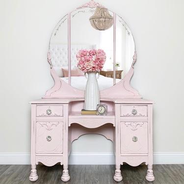 Vintage Pink Four Drawer Vanity with Round Mirror 