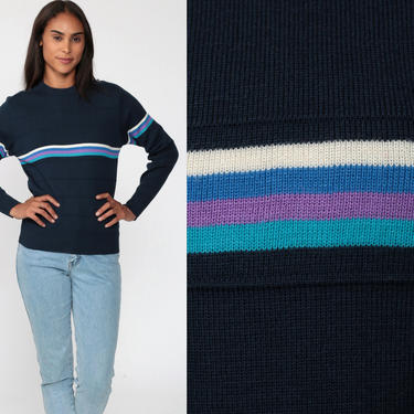 80s Sweater Navy Blue Striped Sweater Knit Pullover Purple Teal Kawaii Cute Wool Blend Sweater 1980s Vintage Retro Extra Small XS 