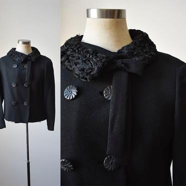 1940s Wool Jacket / Cropped Wool Coat / Lambswool Collar / Black Cropped Coat / Black Cropped Jacket / Double Chested 40s Coat / 40s Harick 