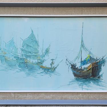 Vintage Mid-Century Modern Seascape Fishing Boat Painting