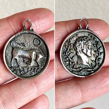 Vintage Modernist Sterling Silver Greco Roman Medallion Pendant Taurus Zodiac 