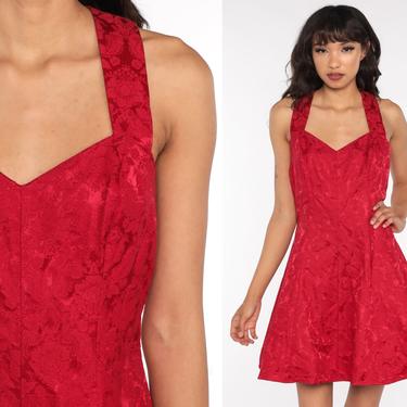 Red Party Dress Floral Brocade Dress Mini 80s Criss Cross SKATER Sweetheart 90s Club Dress Backless Vintage Sleeveless Small Medium 